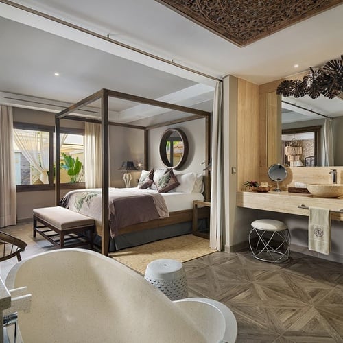a bedroom with a canopy bed and a bathtub