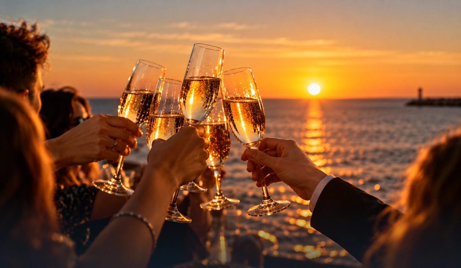 Toast festif avec confettis et lumières au Dom Jose Beach Hotel.