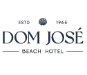 the dom jose beach hotel logo is blue and white .