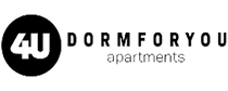 a black and white logo for 4u dorm for you apartments