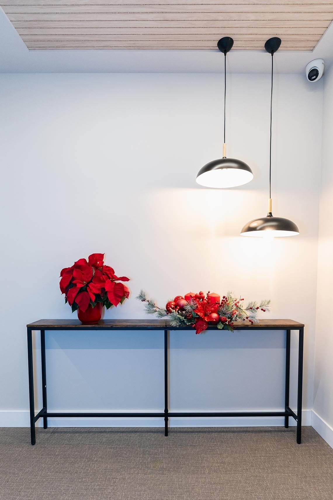 una planta roja se sienta en una mesa junto a dos lámparas colgantes