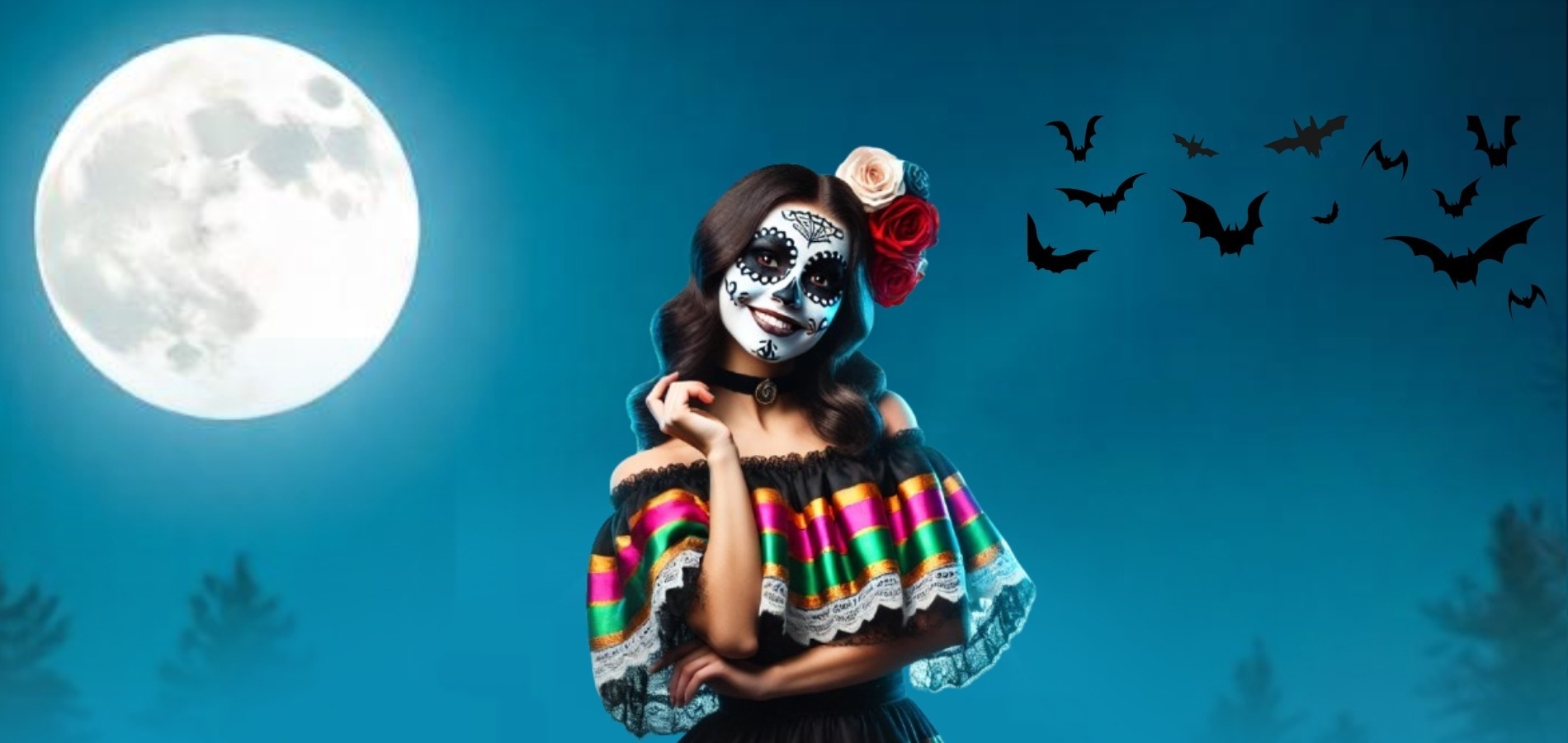 una mujer con una máscara de calavera de azúcar frente a una luna llena