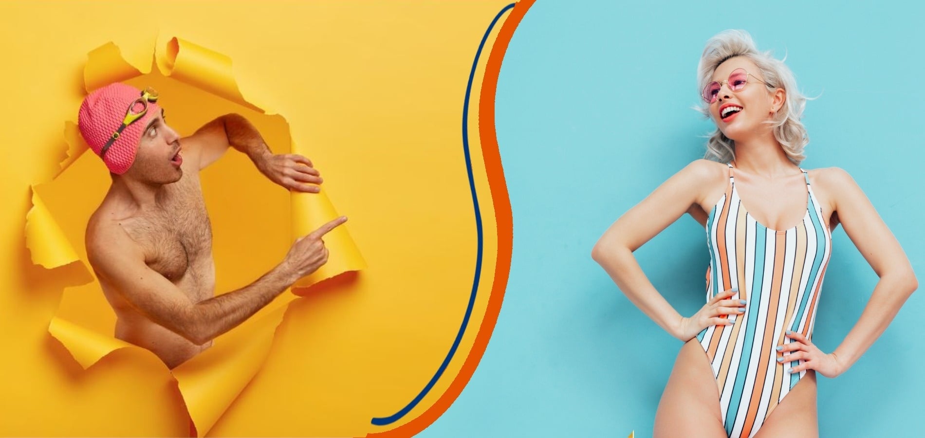 Férias vibrantes no hotel: Homem com touca de natação e mulher de maiô em cenários coloridos.