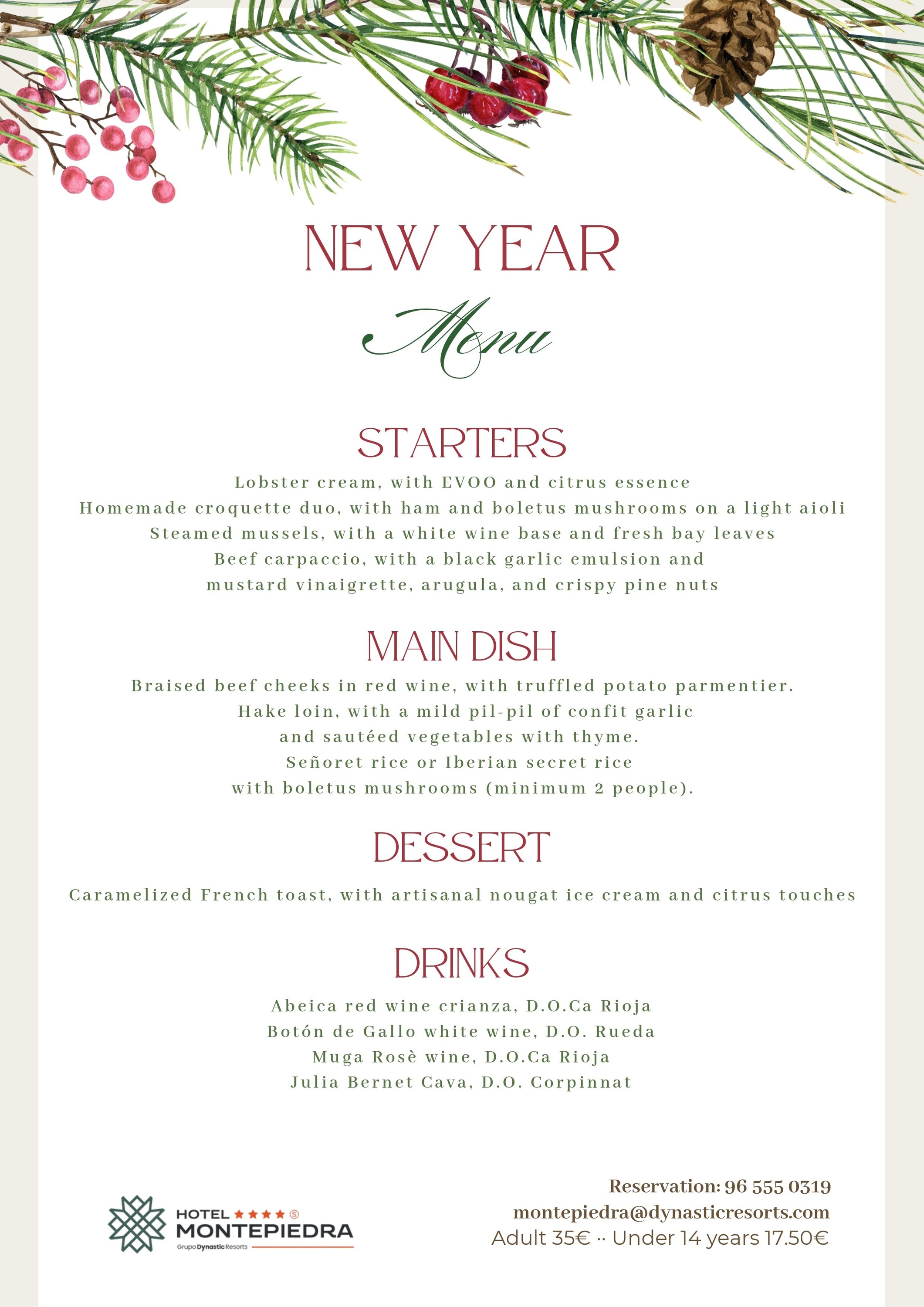 a menu for a new year dinner at the hotel montepiedra