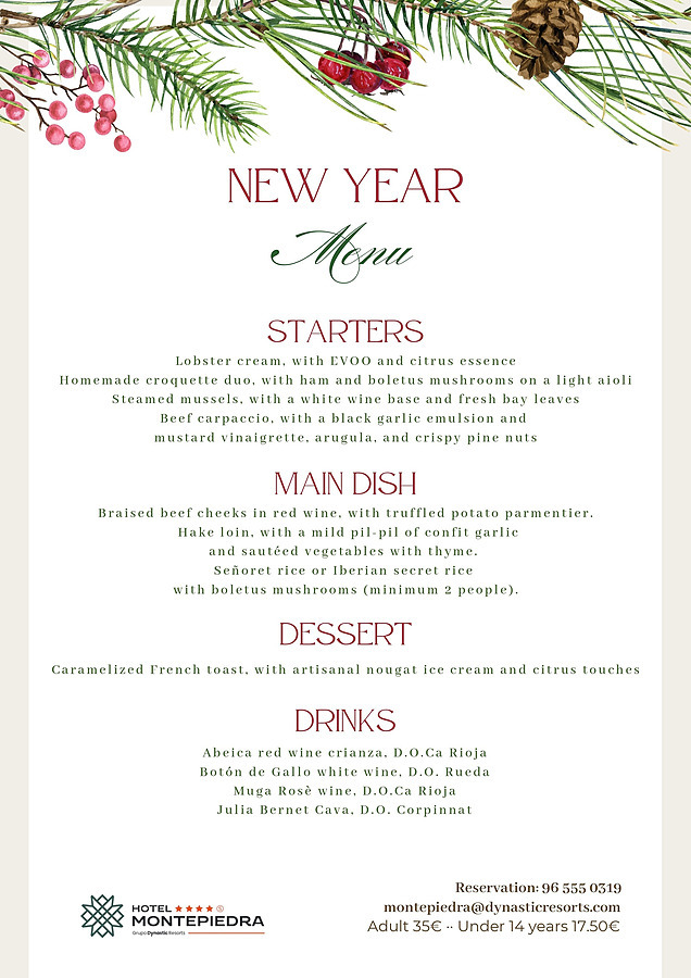 New Year's lunch menu 01/01 Hotel Montepiedra in Orihuela Costa