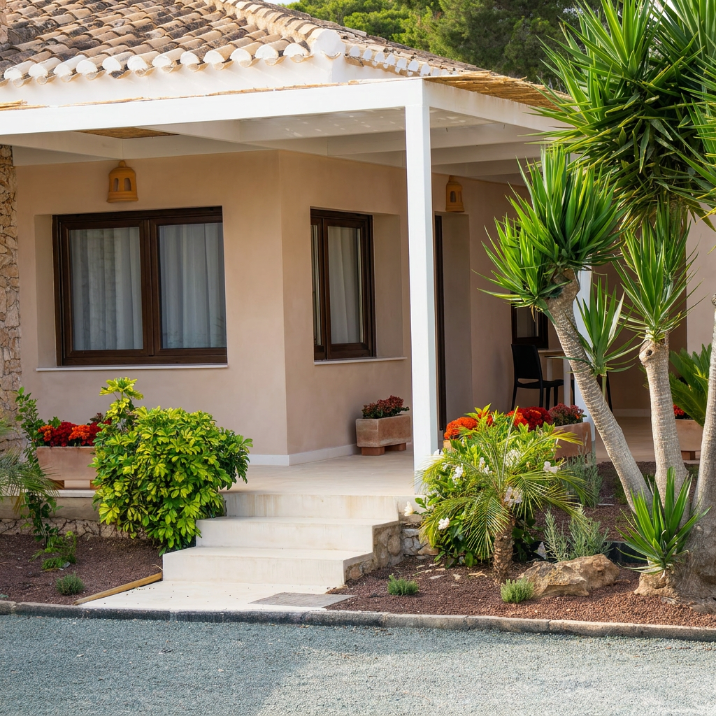 Fachada de hotel con palmeras y flores, ideal para una estancia Dynastic Corporativa.