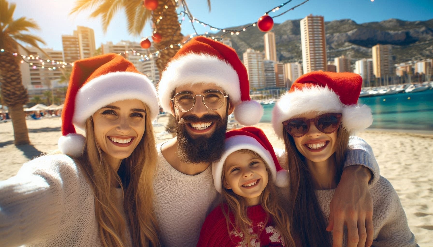 um grupo de pessoas usando chapéus de papai noel na praia