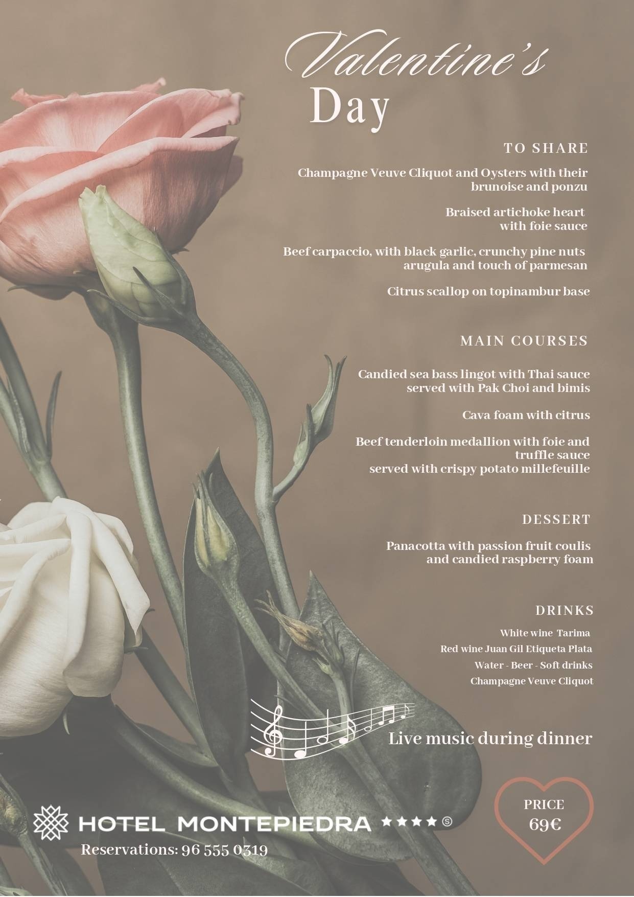 a menu for valentine 's day at hotel montepiedra