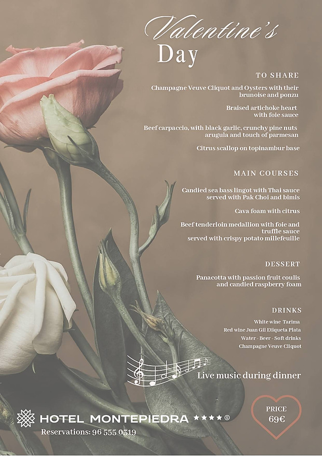 Valentine's Day Dinner Menu at Hotel Montepiedra in Orihuela Costa