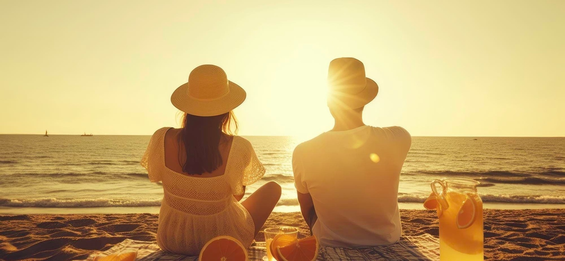 a man and a woman are sitting on the beach watching the sun set