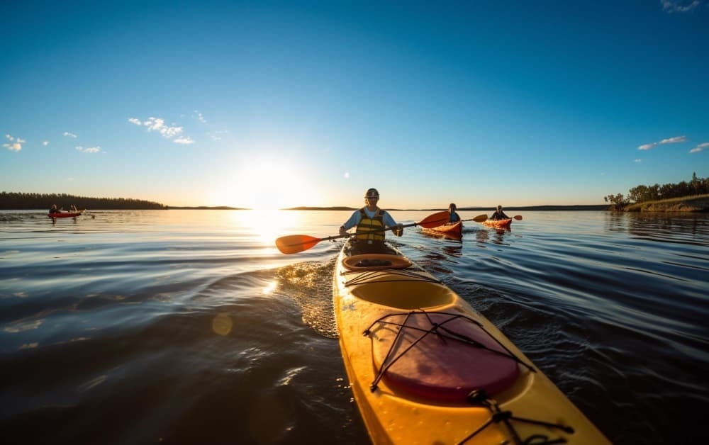 a group of people are paddling kayaks on a lake at sunset