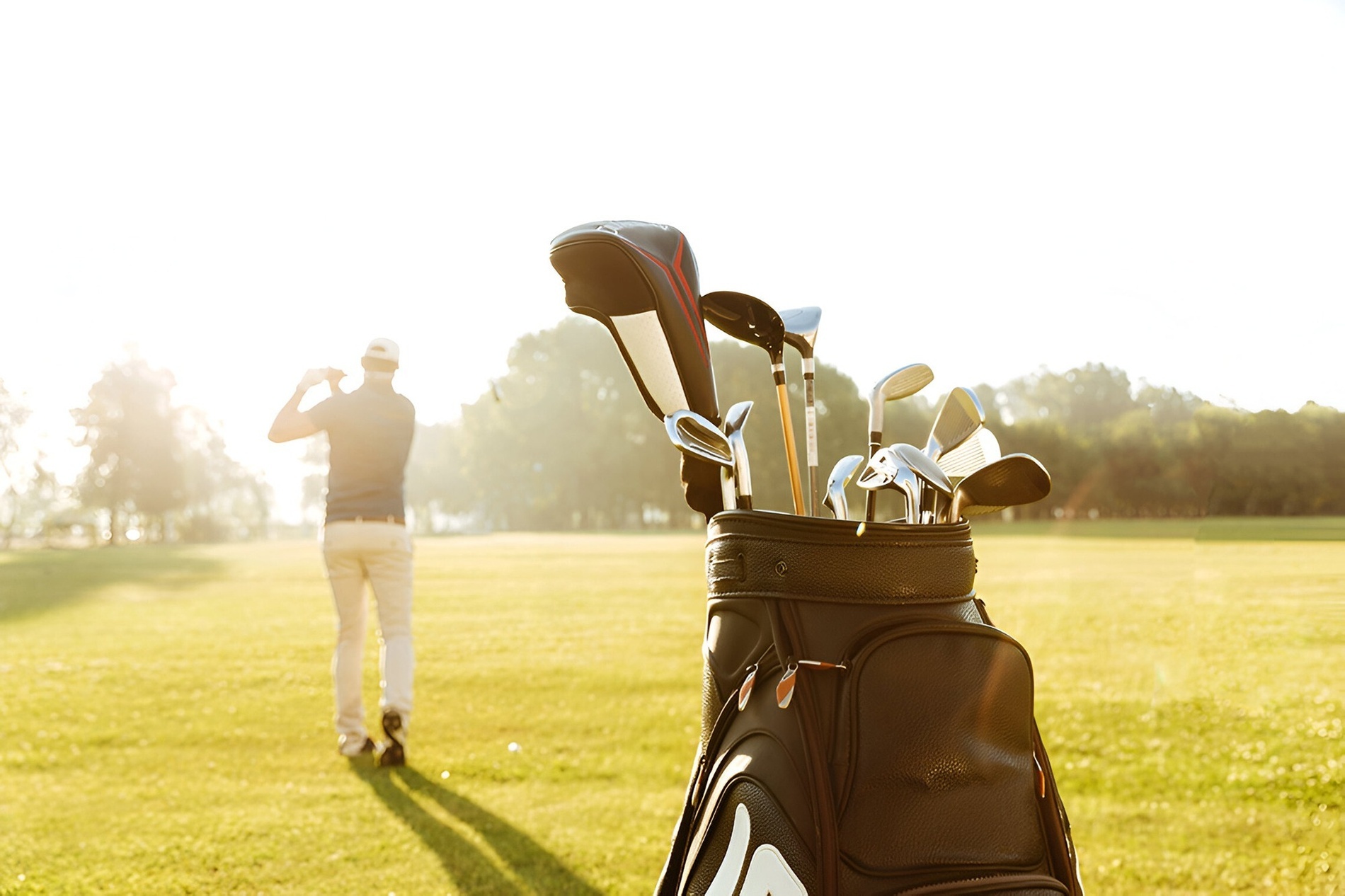 um homem está jogando golfe em um campo com uma bolsa cheia de clubes de golfe