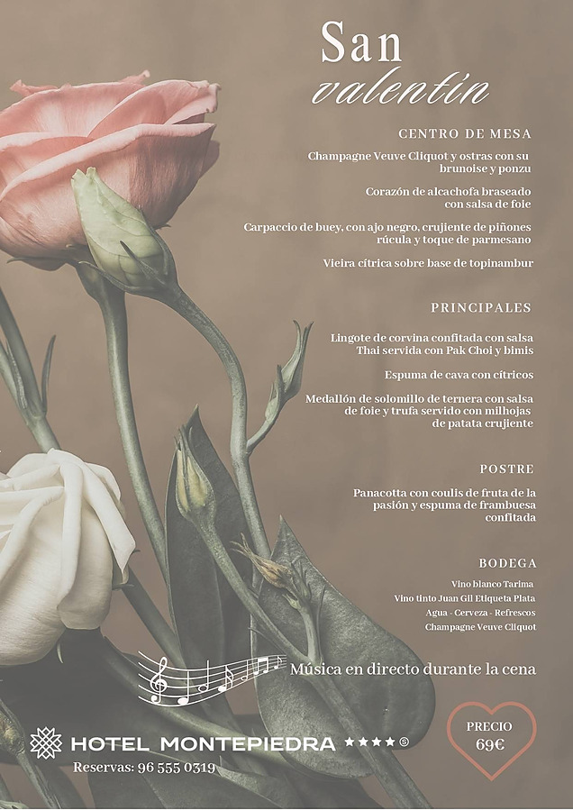 Menu de Jantar de Dia dos Namorados Hotel Montepiedra em Orihuela Costa