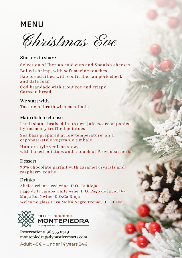 Christmas Eve dinner menu 24/12 Hotel Montepiedra in Orihuela Costa