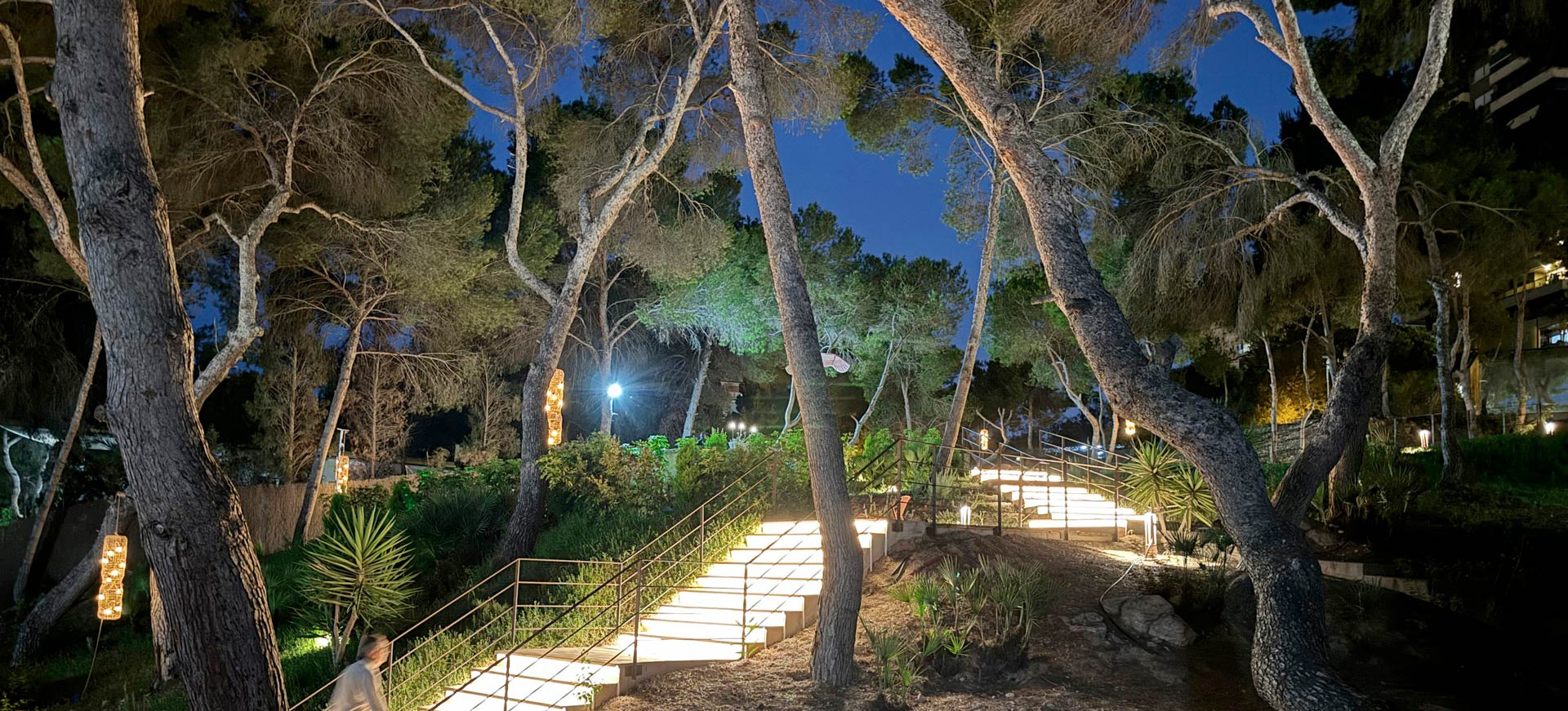 Dynastic Resorts hotel garden with illuminated stairs, trees, and elegant night lighting.