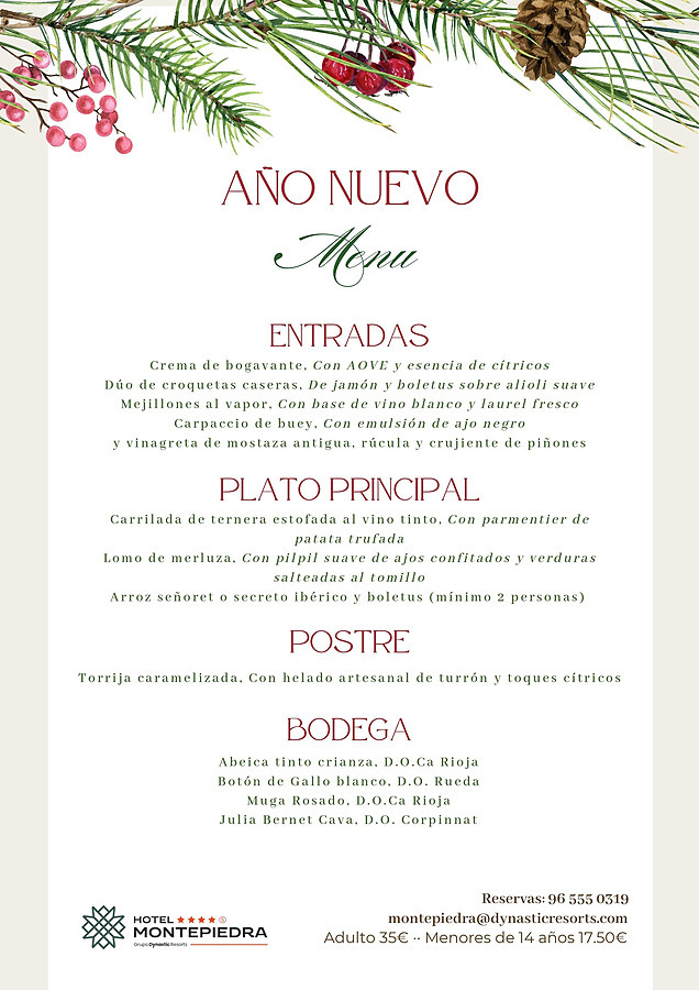 Menu de almoço de Ano Novo 01/01 Hotel Montepiedra em Orihuela Costa
