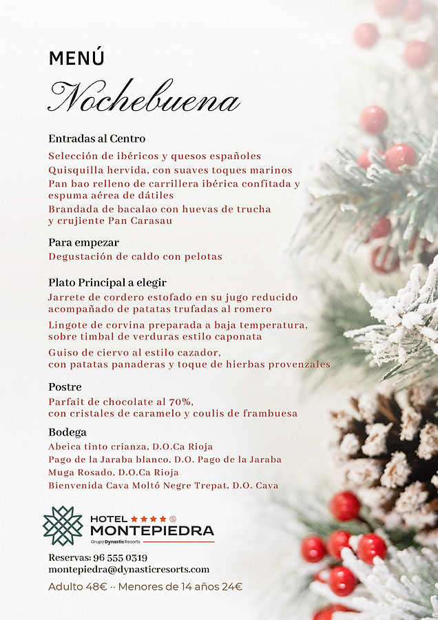 Menu de jantar da Véspera de Natal 24/12 Hotel Montepiedra em Orihuela Costa