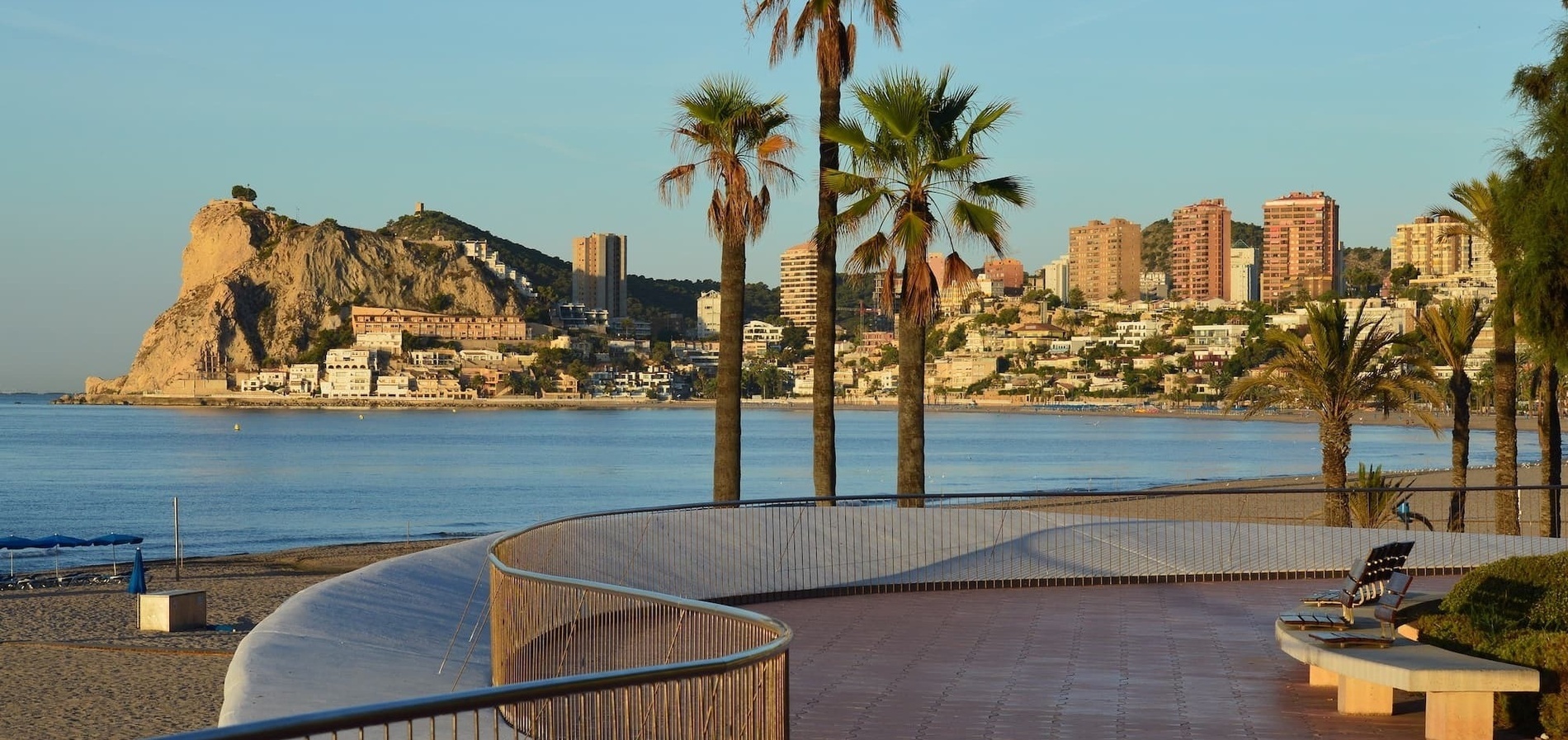 a beach with palm trees and buildings in the background