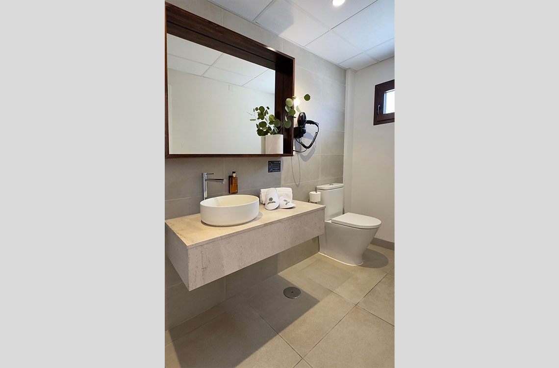 Baño moderno con lavabo, inodoro y secador de pelo, ideal para la marca Dynastic Corporativa.