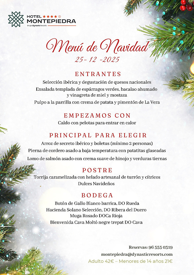 Menu de Almoço de Natal 25/12 Hotel Montepiedra em Orihuela Costa