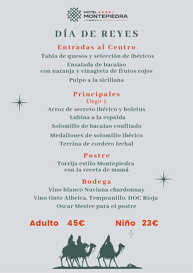 Menu de almoço do dia de Reis 06/01 Hotel Montepiedra em Orihuela Costa
