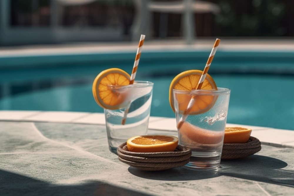 dois copos de água com laranjas e canudos ao lado de uma piscina