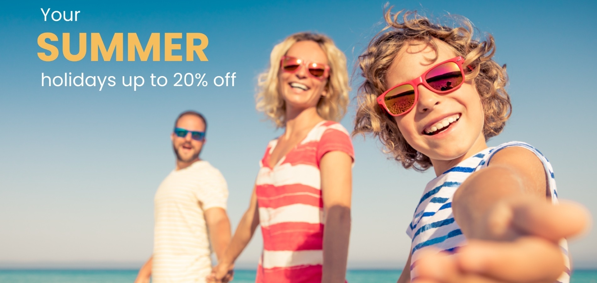 a family on the beach with the words your summer holidays up to 20 % off