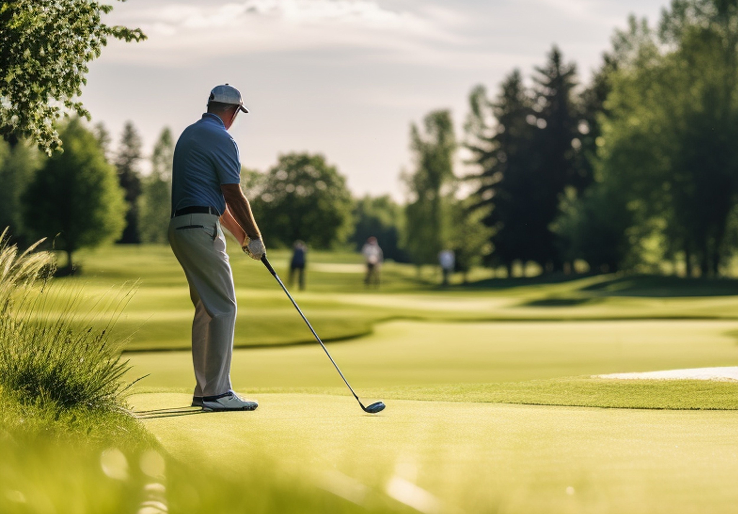 um homem está jogando golfe em um campo verde