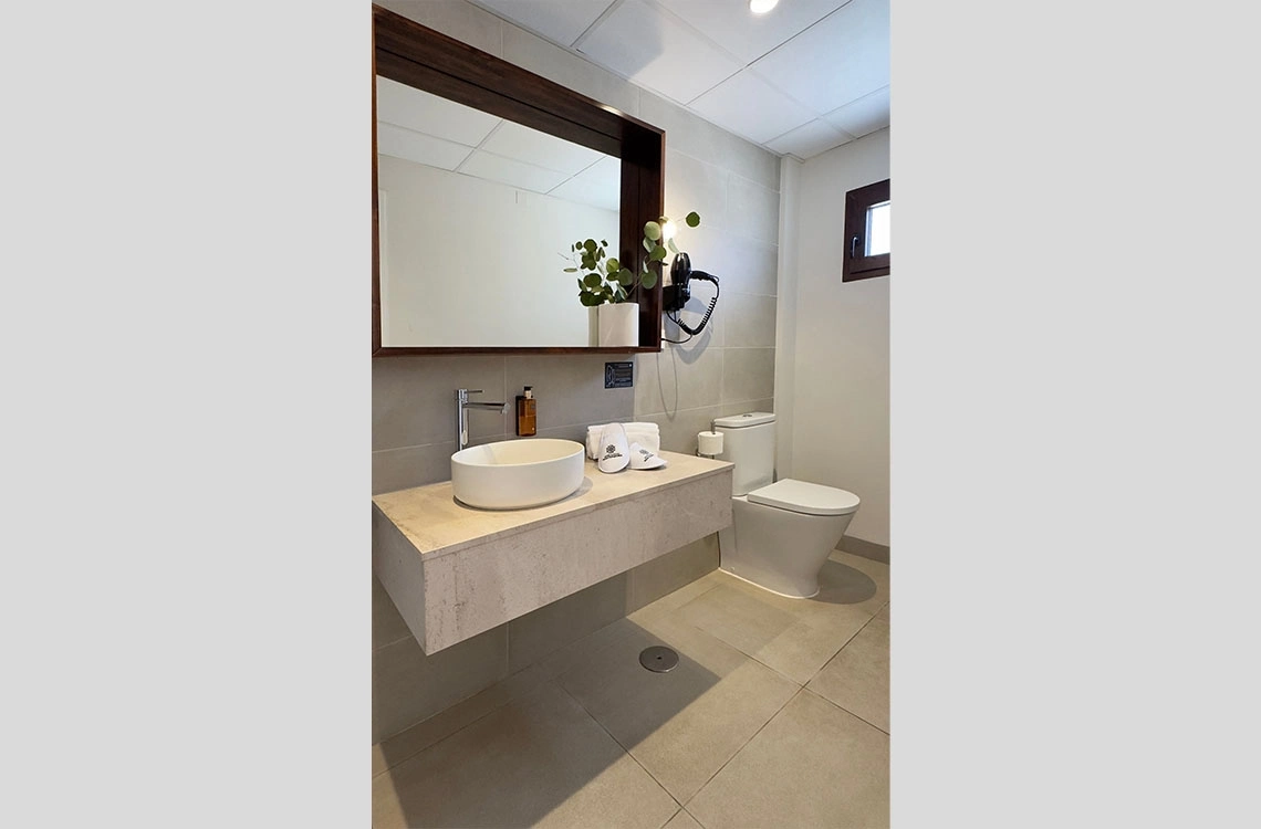 Bancada moderna com pia de hotel e banheiro com vaso sanitário. Dynastic Resorts