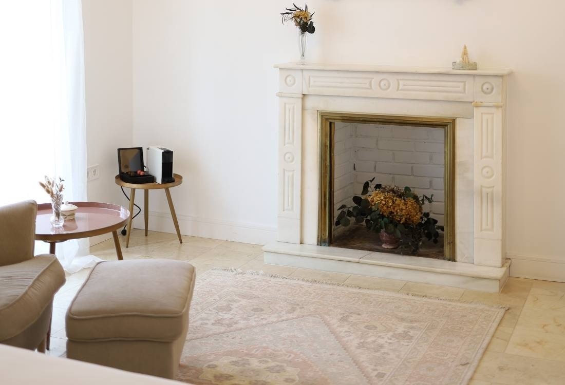 a fireplace with a vase of flowers in front of it