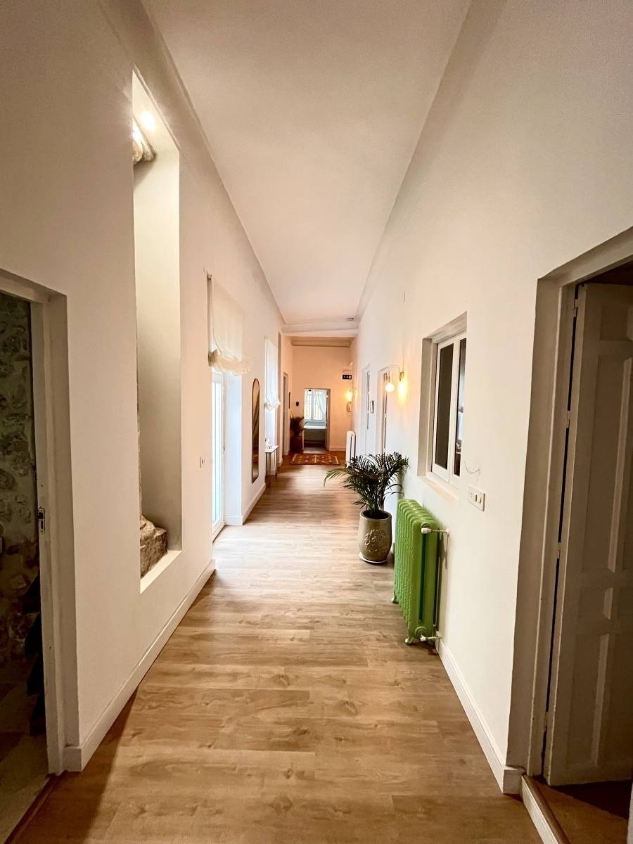 a long hallway with a green radiator and a potted plant