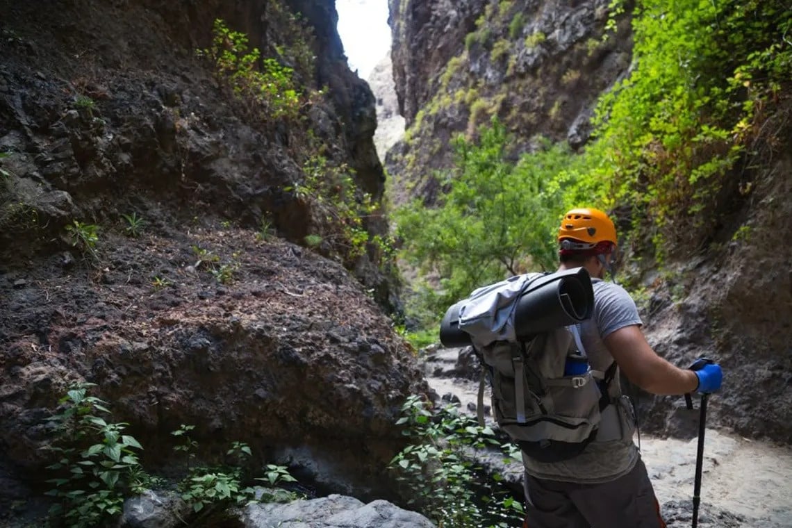 ein Taucher schwimmt über einen Korallenriff mit vielen Fischen