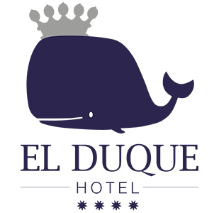 a logo for el duque hotel with a whale wearing a crown