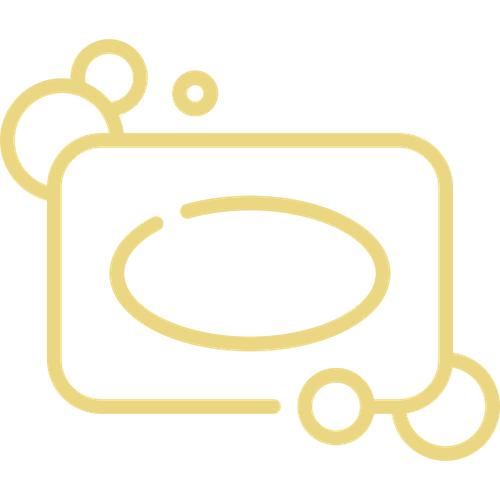 ein gelbes Symbol eines Seifenstücks mit Seifenblasen darauf .