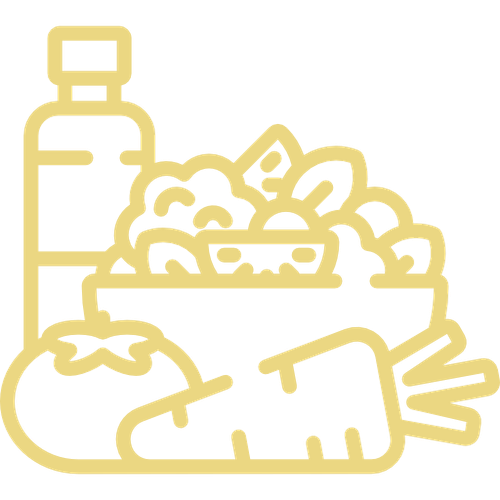 ein gelbes Symbol mit einer Flasche und einer Schüssel mit Gemüse darauf