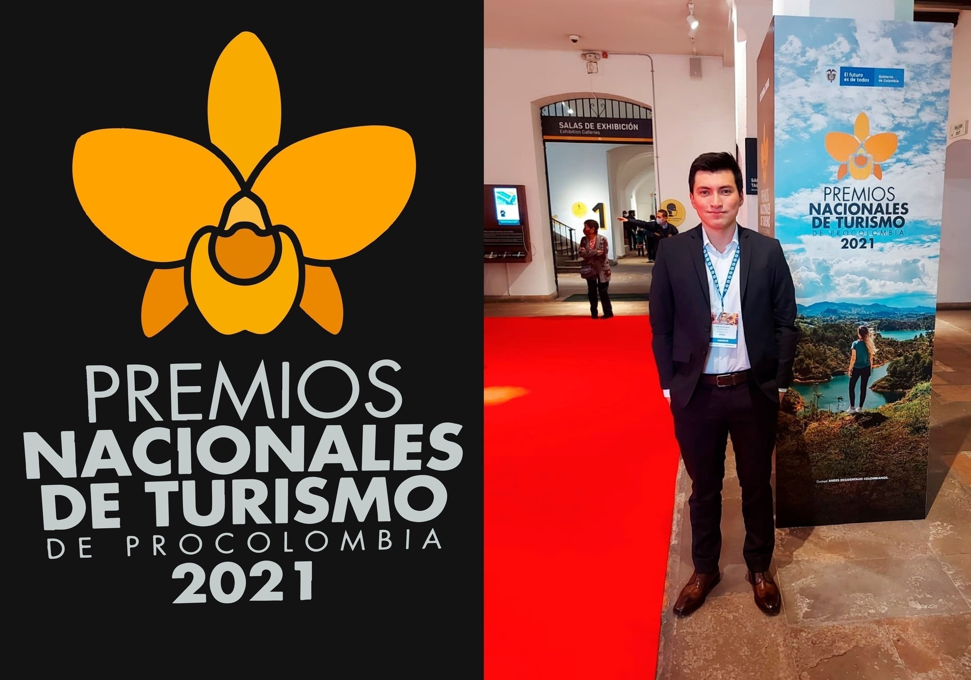 un hombre está parado en la alfombra roja de los premios nacionales de turismo de procolombia 2021