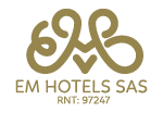 a logo for em hotels sas with a heart in the middle