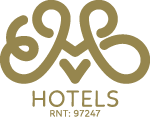 a logo for em hotels sas with a heart in the middle