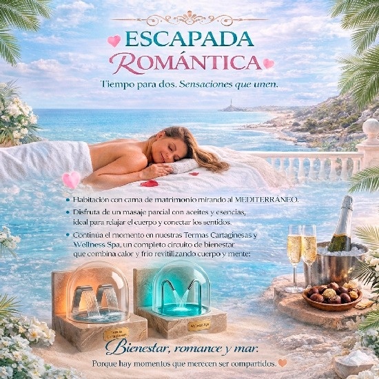 La imagen es un anuncio de un paquete de spa y bienestar que incluye spa subacuático, masaje termal y termas, ofreciendo dos noches todo incluido premium desde 350€ por pareja.