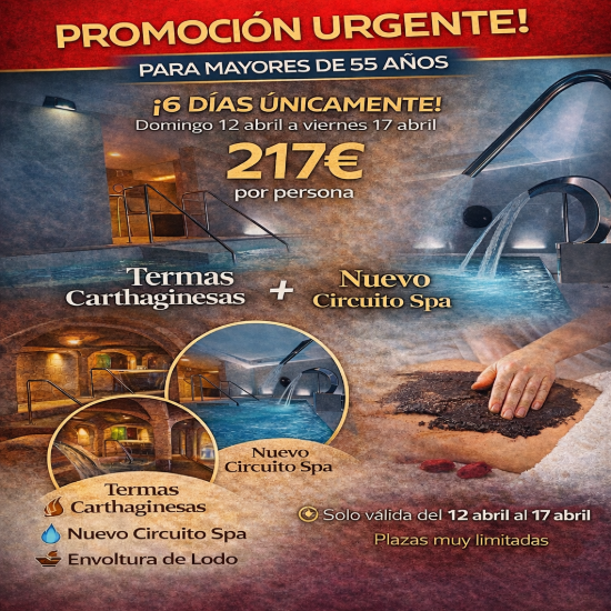 El anuncio promociona un paquete de spa para parejas que ofrece una experiencia única con Spa Subacuático, Masaje Termal, Termas Cartaginesas, Todo Incluido Premium y 2 noches para desconectar, desde 350€.