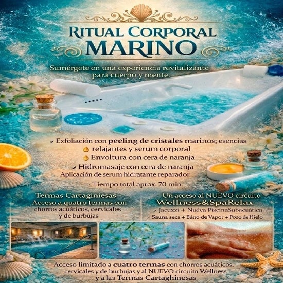 El anuncio promociona un paquete de spa para parejas que ofrece una experiencia única con Spa Subacuático, Masaje Termal, Termas Cartaginesas, Todo Incluido Premium y 2 noches para desconectar, desde 350€.