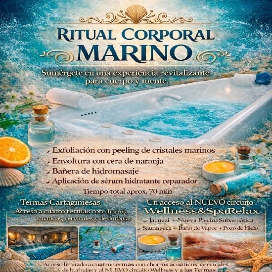 El anuncio promociona un paquete de spa para parejas que ofrece una experiencia única con Spa Subacuático, Masaje Termal, Termas Cartaginesas, Todo Incluido Premium y 2 noches para desconectar, desde 350€.
