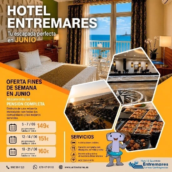 Oferta fin de semana Hotel Entremares en junio: pensión completa y piscina climatizada.
