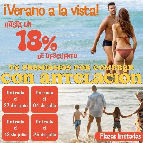un cartel que dice verano a la vista hasta un 18% de descuento