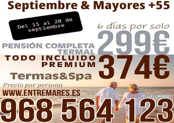 an advertisement for september & mayores shows a man and woman holding hands on the beach