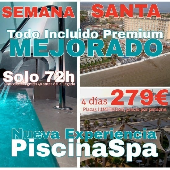 Este es un anuncio para Semana Santa que ofrece descuentos del 6% al 10% en diferentes regímenes de alojamiento (Pensión Completa, con SPA o Todo Incluido Premium con SPA), destacando plazas limitadas y datos de contacto.