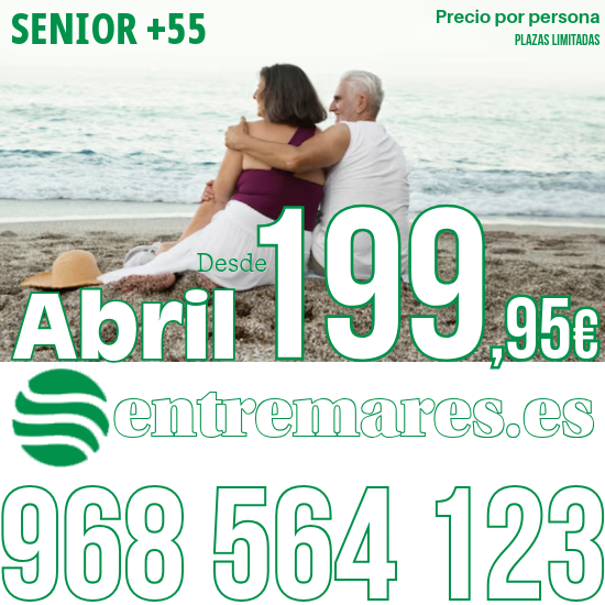 Este es un anuncio de viaje 'Senior +55' que ofrece 6 días en abril por 204,25€ por persona, ilustrado con una pareja en la playa y con datos de contacto.