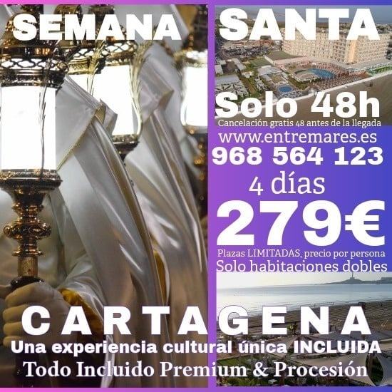 Un anuncio publicitario de Semana Santa en Cartagena, que ofrece un paquete turístico de 4 días Todo Incluido Premium y procesiones por 299€ por persona.