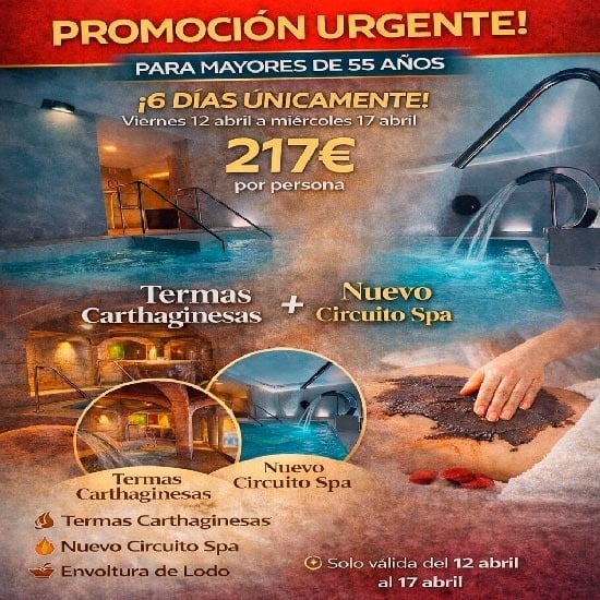 El anuncio promociona un paquete de spa para parejas que ofrece una experiencia única con Spa Subacuático, Masaje Termal, Termas Cartaginesas, Todo Incluido Premium y 2 noches para desconectar, desde 350€.