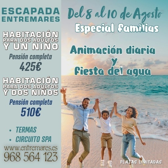 an advertisement for escapada entremares shows a family on the beach